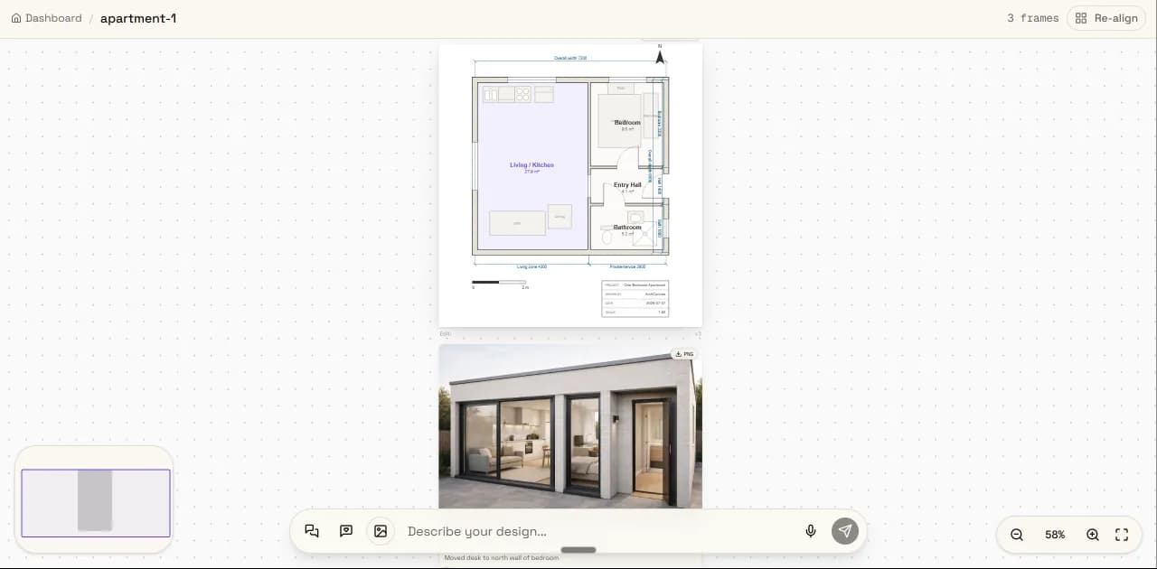 The ArchCanvas studio — a compiled floor plan filling the canvas with a photoreal rendering inset