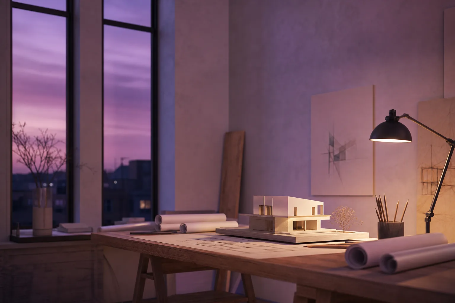 An architect's atelier at dusk, drawings and models on the desk