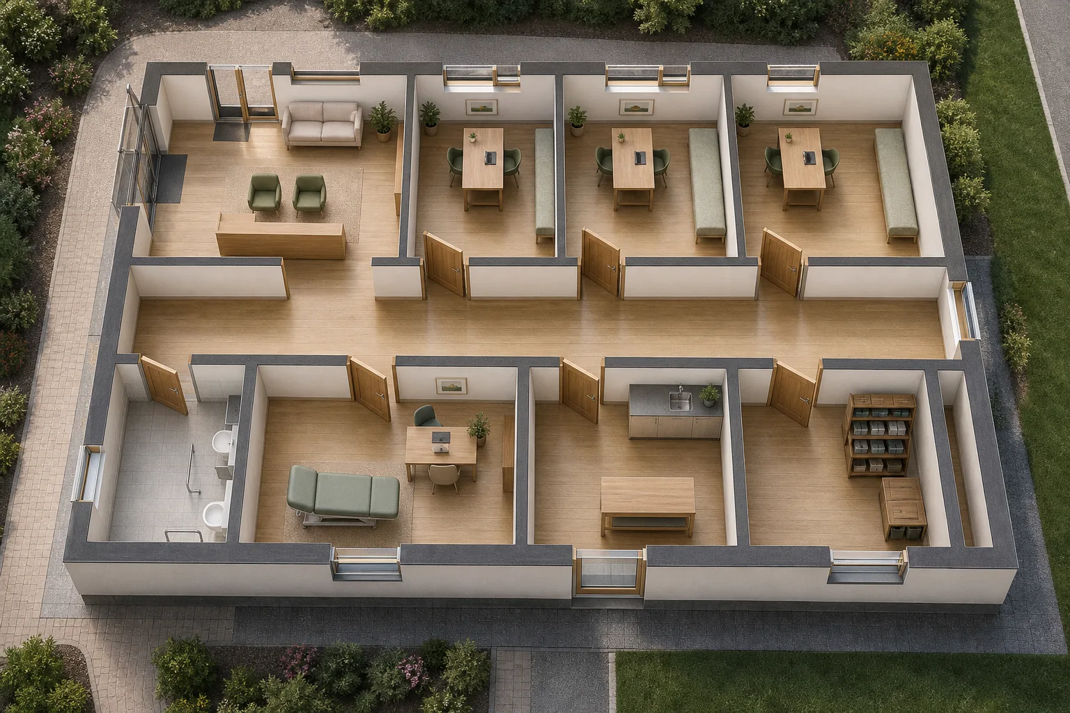 Photoreal aerial rendering of Neighbourhood Clinic, generated from the plan beside it