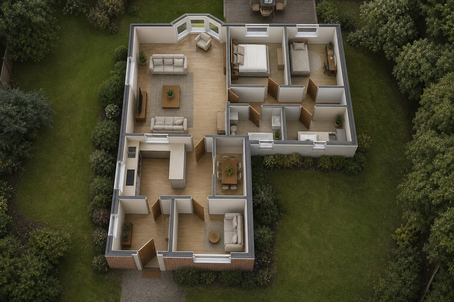 Photoreal aerial rendering of Bay Bungalow, generated from the plan beside it