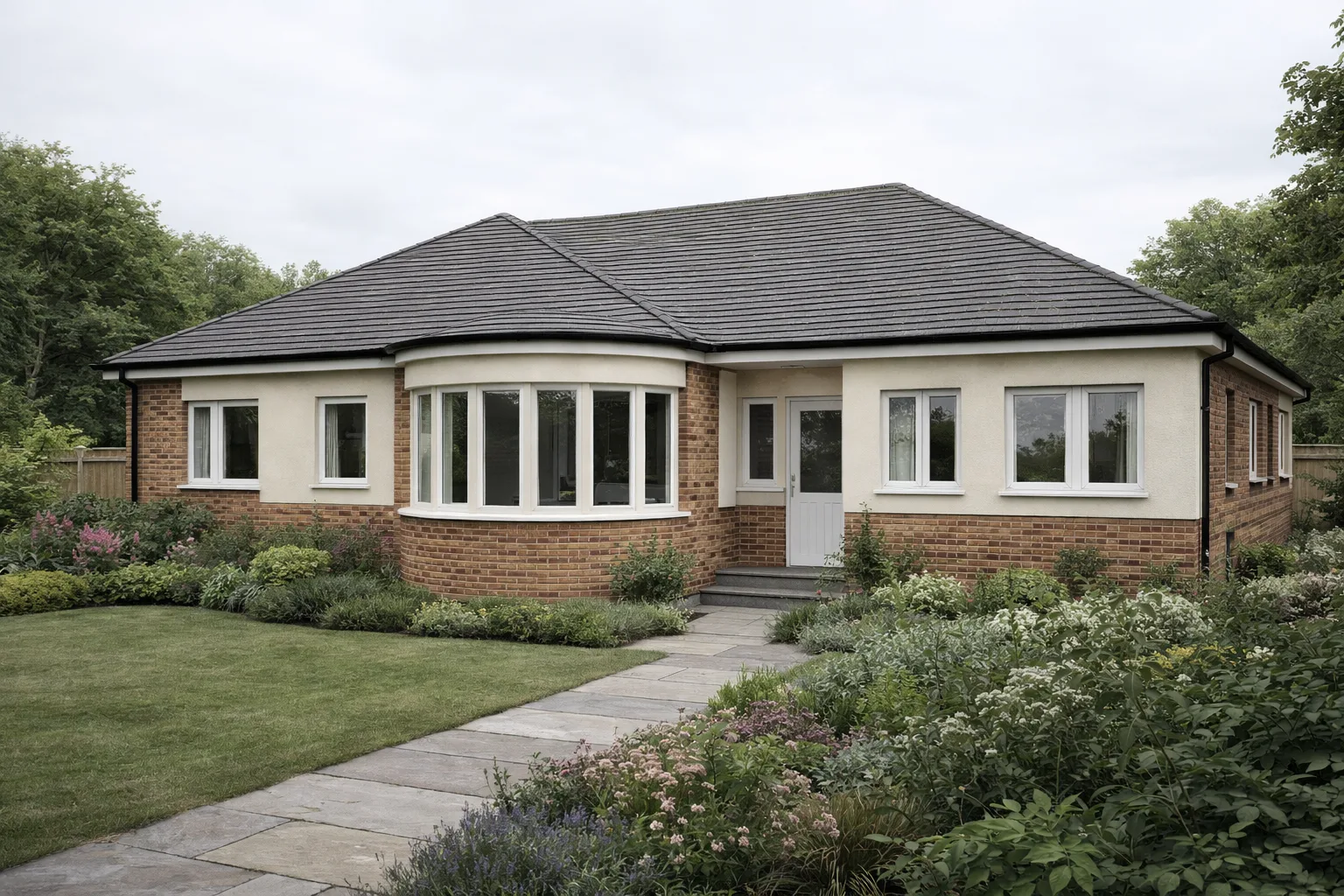 Photoreal exterior rendering of Bay Bungalow, generated from its floor plan