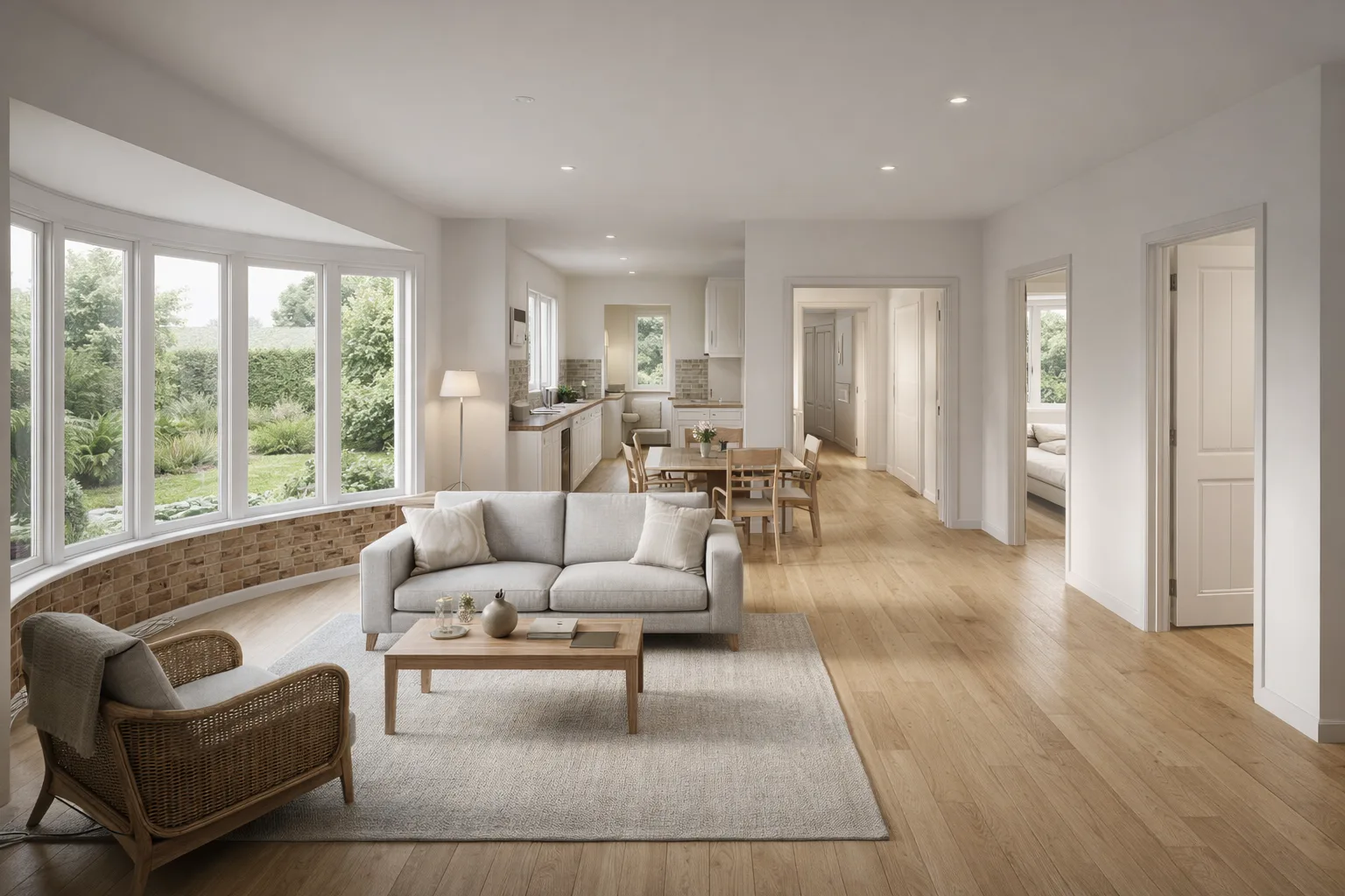 Photoreal interior rendering of Bay Bungalow, generated from its floor plan