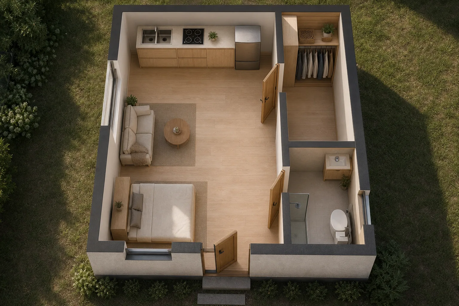 Photoreal aerial rendering of Compact Bedsit, generated from the plan beside it