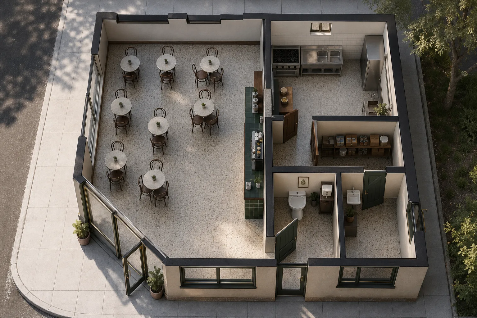 Photoreal aerial rendering of Corner Cafe, generated from the plan beside it