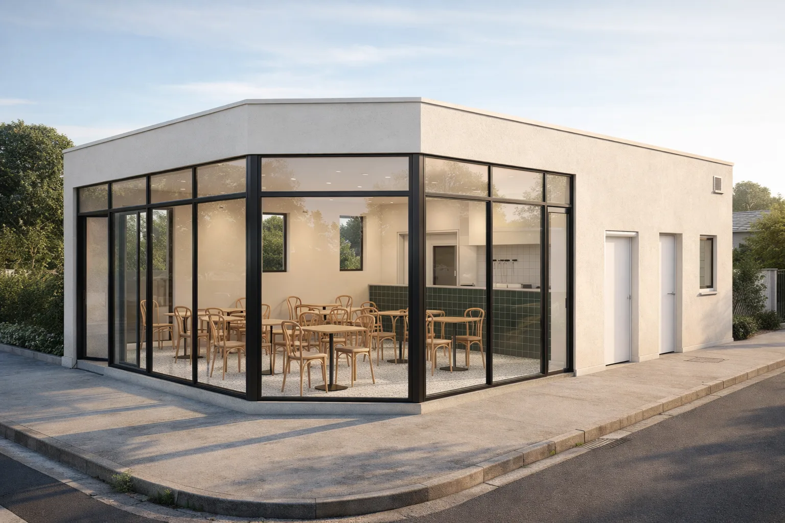 Photoreal exterior rendering of Corner Cafe, generated from its floor plan