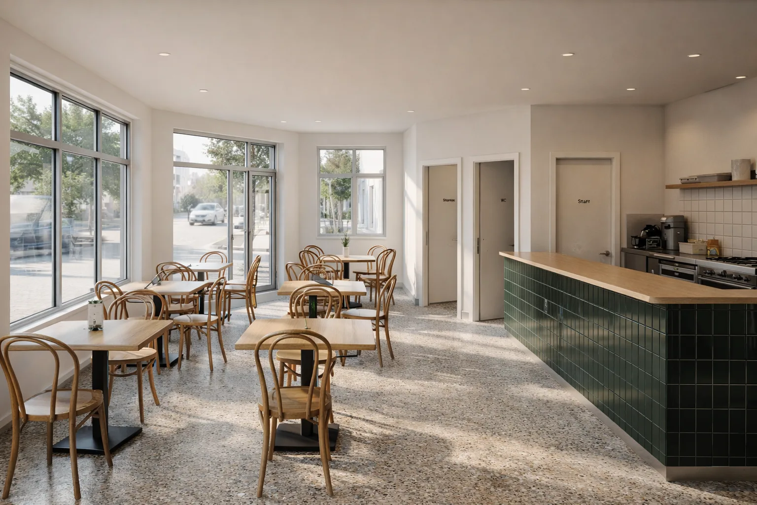 Photoreal interior rendering of Corner Cafe, generated from its floor plan