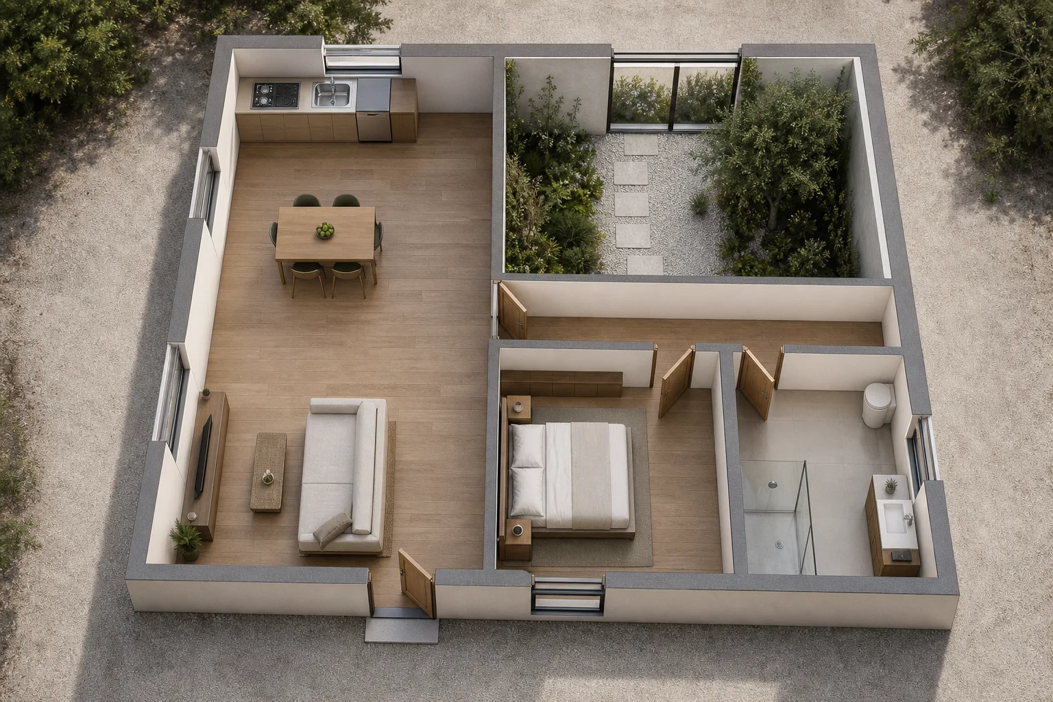 Photoreal aerial rendering of Courtyard Apartment, generated from the floor plan beside it