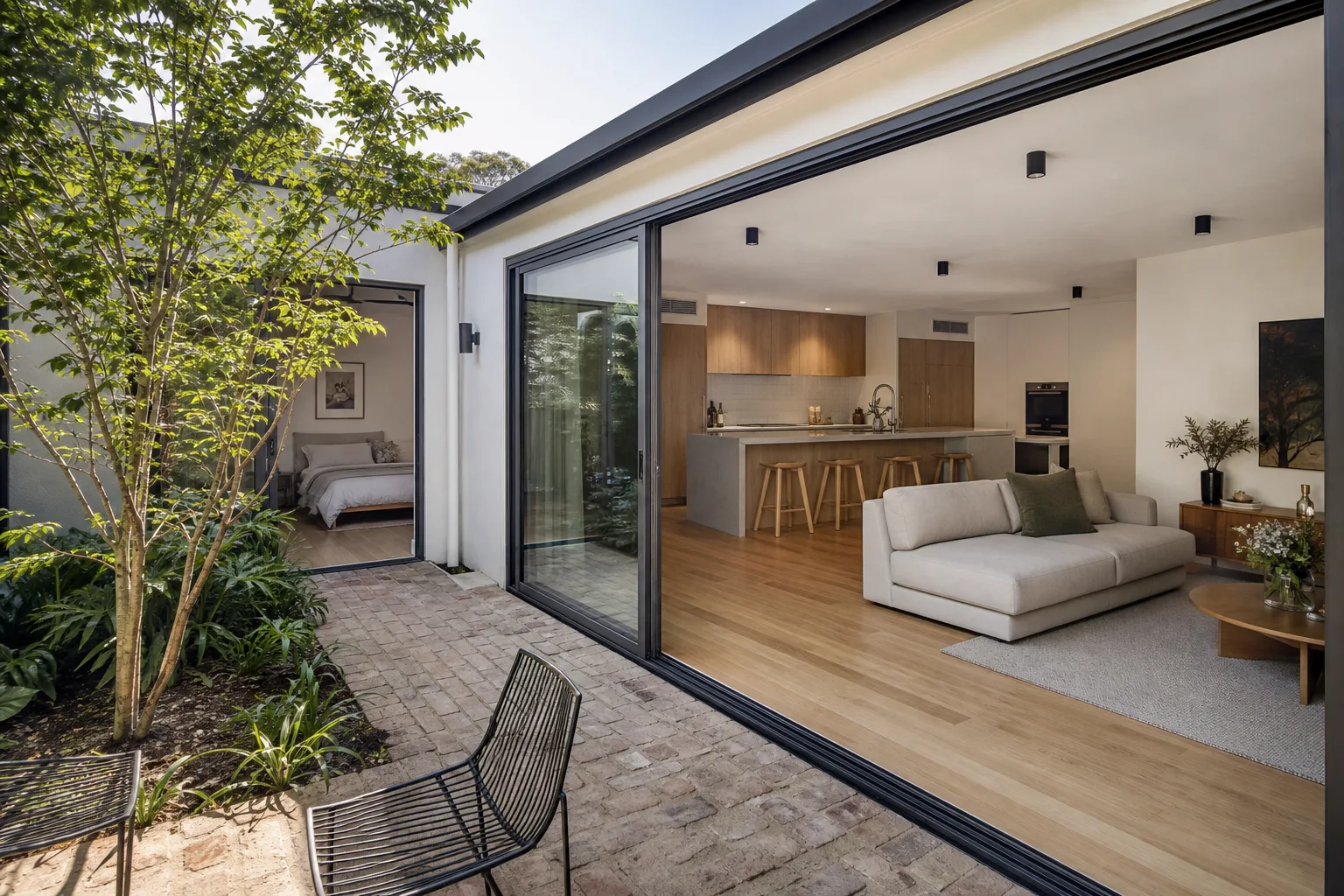 Photoreal exterior rendering — Courtyard Apartment