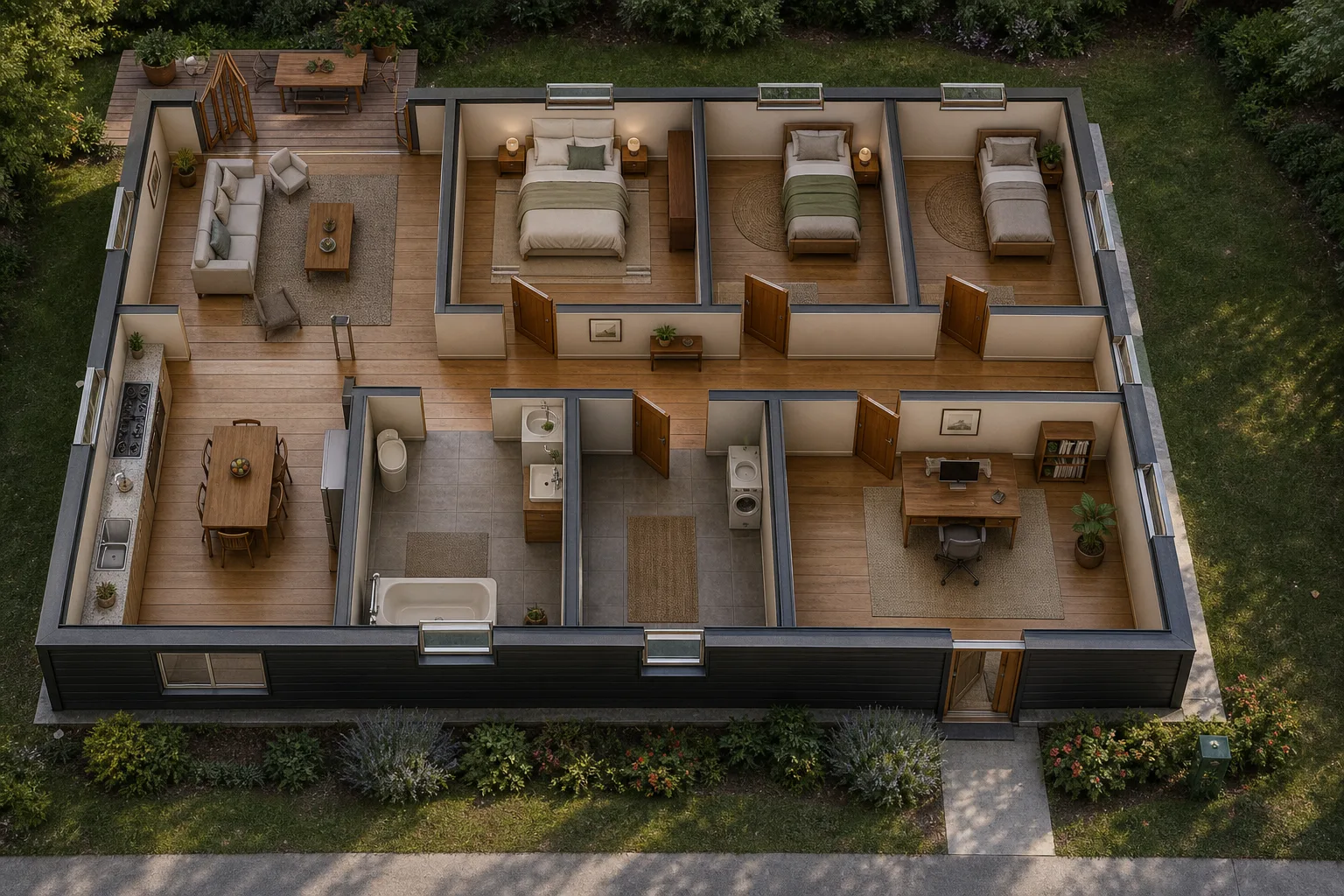 Photoreal aerial rendering of Three-bed Family House, generated from the plan beside it