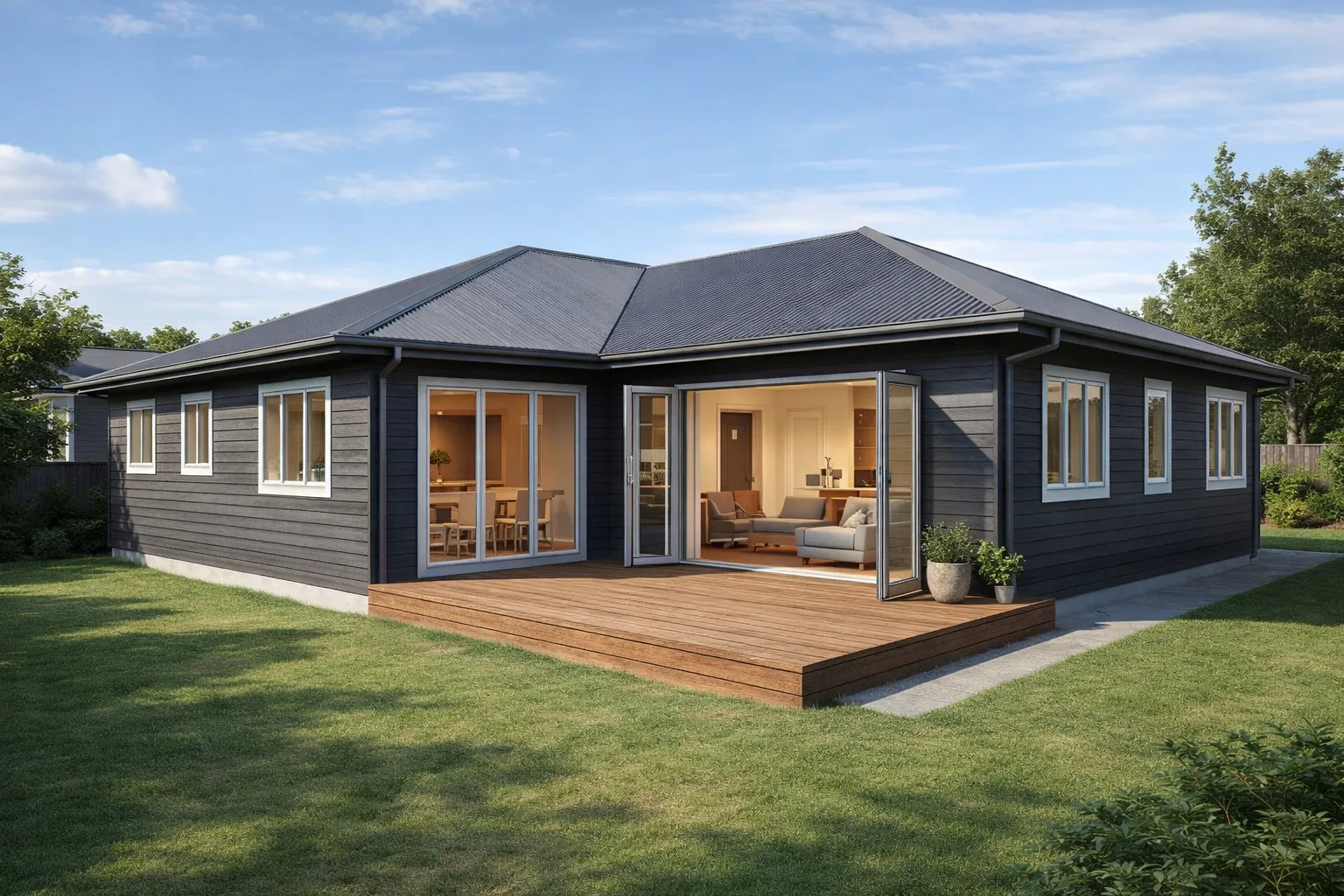 Photoreal exterior rendering of Three-bed Family House, generated from its floor plan