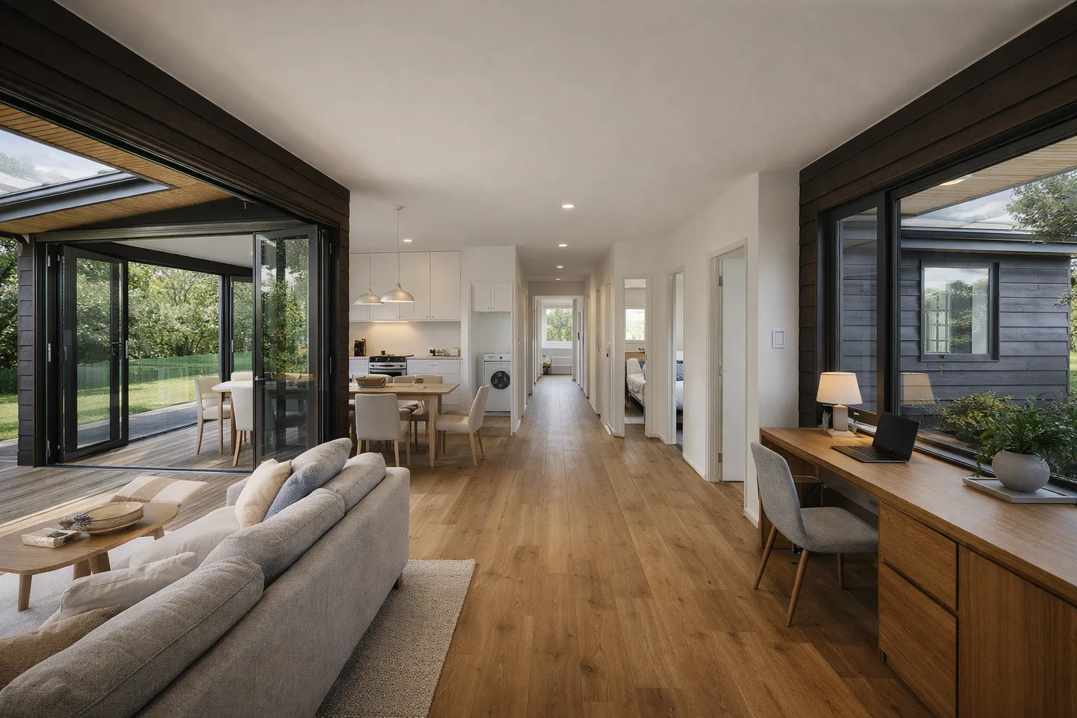 Photoreal interior rendering of Three-bed Family House, generated from its floor plan