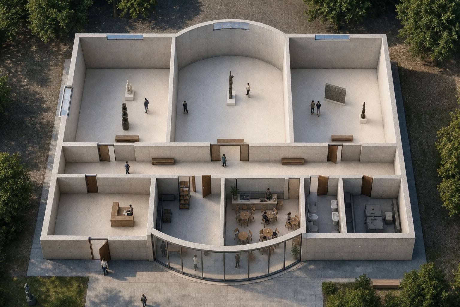 Photoreal aerial rendering of Gallery Wing, generated from the plan beside it