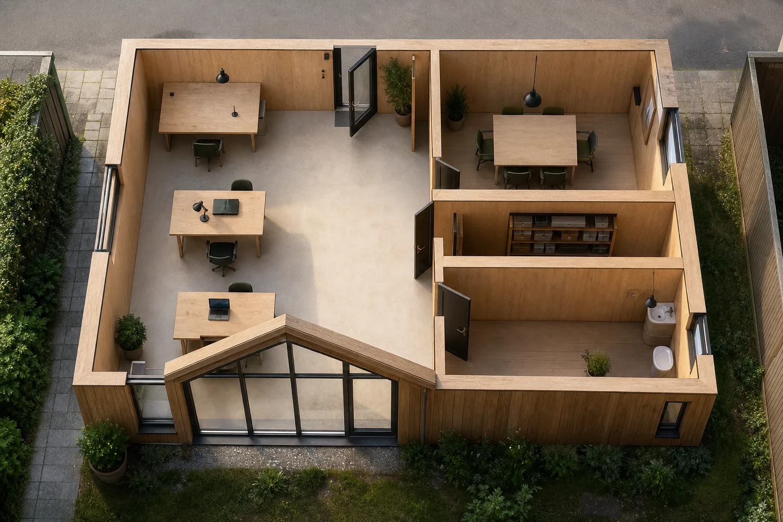 Photoreal aerial rendering of Garden Office, generated from the plan beside it