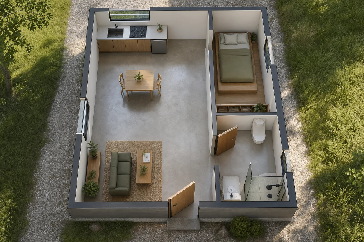 Photoreal aerial rendering of Studio Loft, generated from the plan beside it