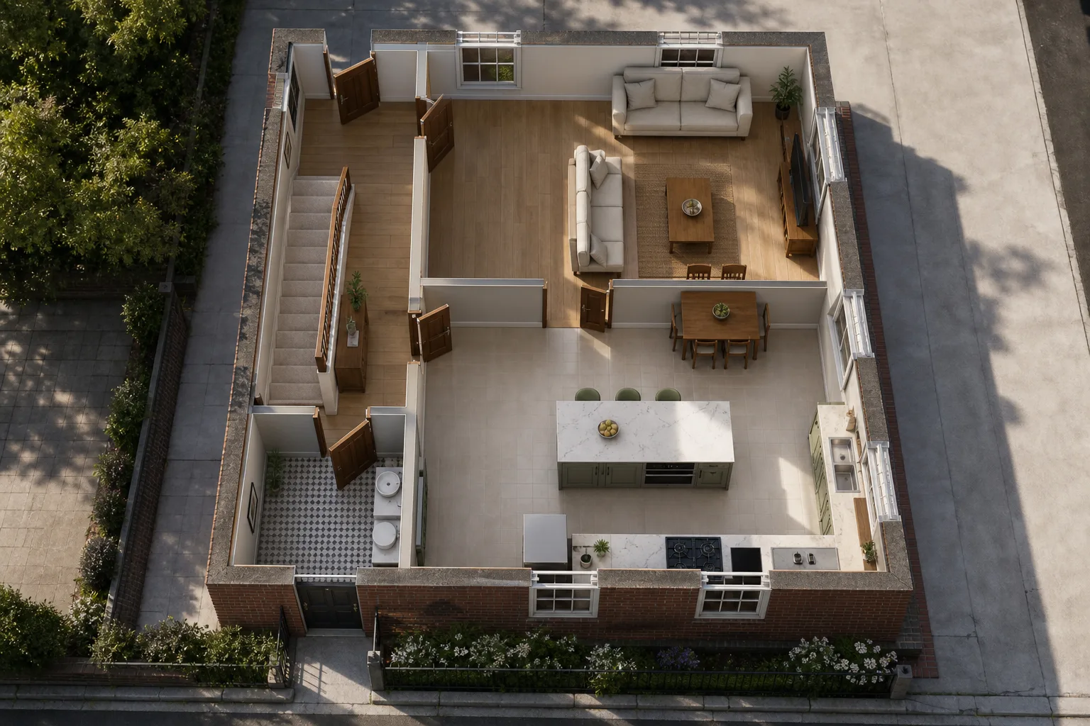 Photoreal aerial rendering of Two-storey Townhouse, generated from the plan beside it