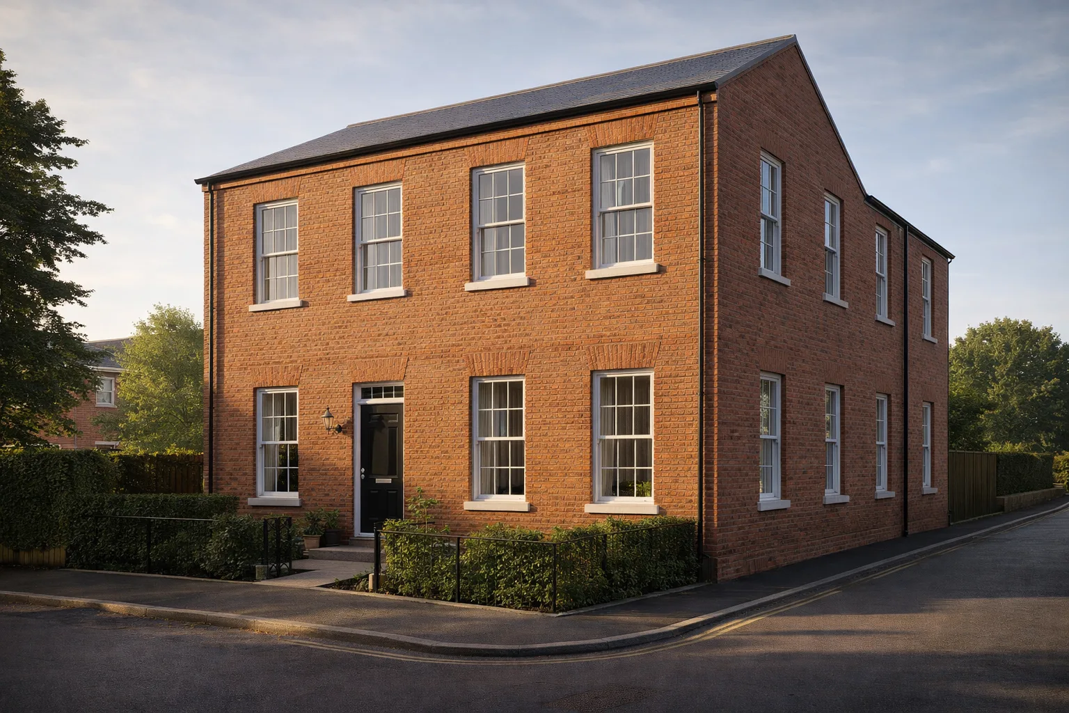 Photoreal exterior rendering of Two-storey Townhouse, generated from its floor plan