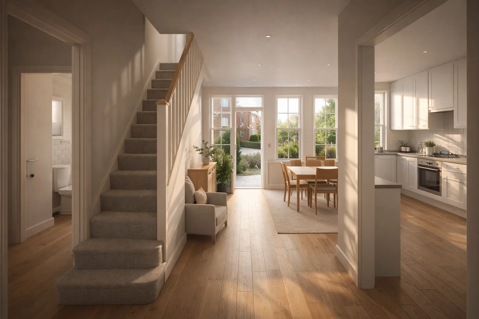 Photoreal interior rendering of Two-storey Townhouse, generated from its floor plan